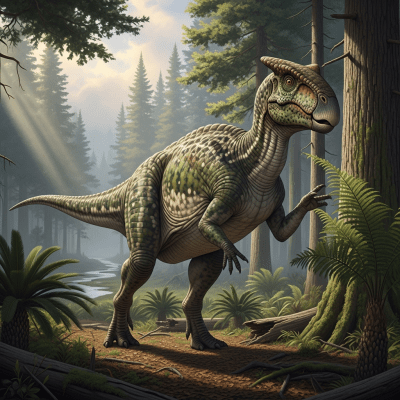 Realistic depiction of a Hadrosaurus in its prehistoric natural environment