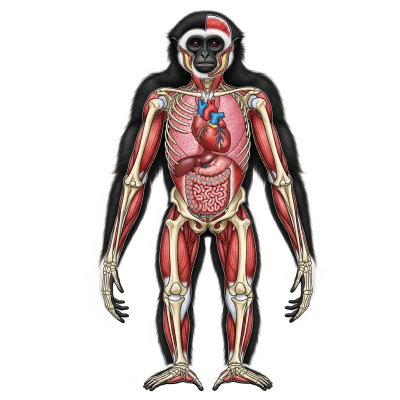 Detailed anatomical illustration of a Hainan gibbon, part of the taxonomy apes