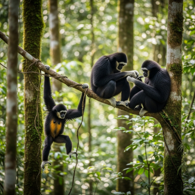 Image showing a group of Hainan gibbon (apes) engaging in typical social behavior