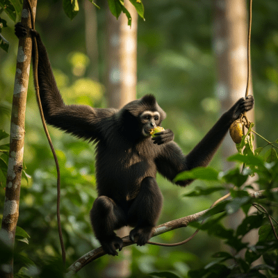 Photograph of a Hainan gibbon (apes) in its natural habitat