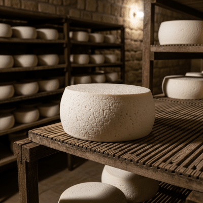 A whole wheel or block of Halloumi, shown in an artisanal cellar or aging environment typical for this cheese