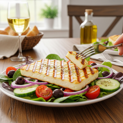A piece of Halloumi being used in a classic culinary preparation or dish where it is commonly featured