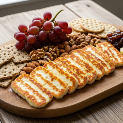 A serving of Halloumi arranged as part of a traditional cheese platter with fruits, nuts, and crackers
