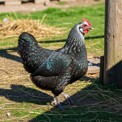 Naturalistic image of a Hamburg belonging to the chicken taxonomy in its typical outdoor environment