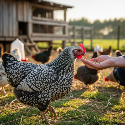 Photograph of a Hamburg from the chicken taxonomy interacting with humans in a typical farm setting