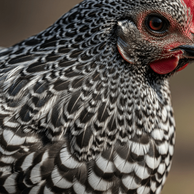 Close-up macro photograph highlighting the feather texture and coloration of a Hamburg from the chicken taxonomy