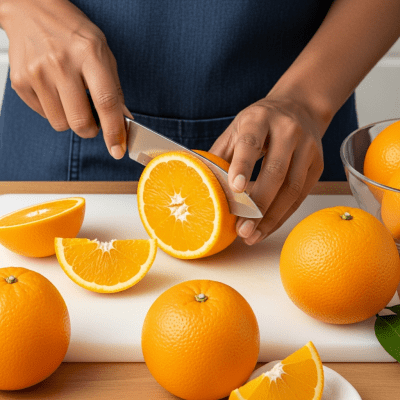 A realistic depiction of a Hamlin Orange from the oranges taxonomy being used in a culinary context, such as being sliced on a cutting board or prepared for juice
