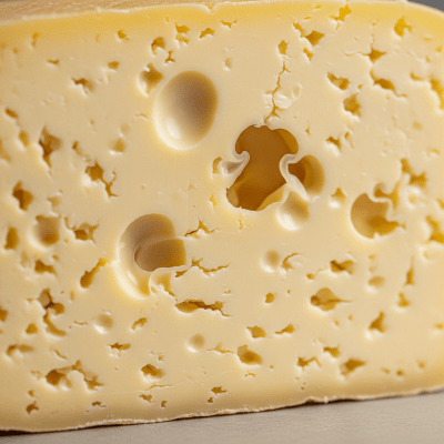 Close-up cross-sectional view of a Havarti, showing its internal texture and structure