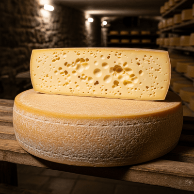 A whole wheel or block of Havarti, shown in an artisanal cellar or aging environment typical for this cheese
