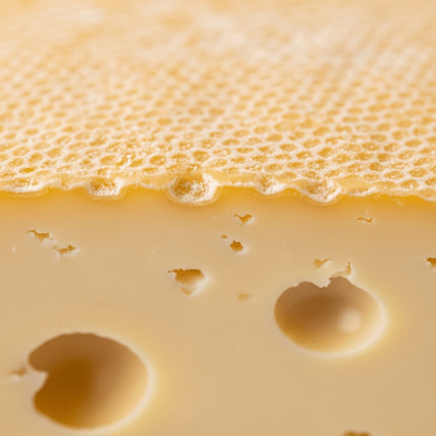 A close-up macro photograph of the rind and surface texture of a Havarti