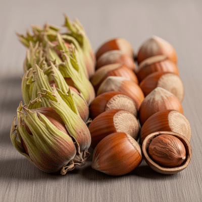 Image of a handful of unshelled and shelled Hazelnut (nuts), side by side