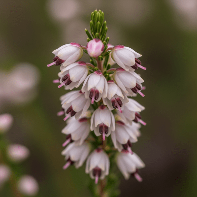 Detailed macro image of a Heather (flowers), focusing on the intricate structure of petals, stamens, and pistil