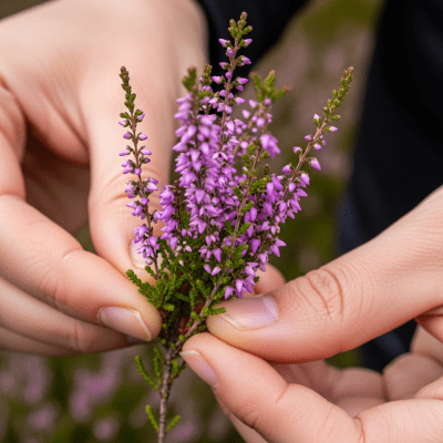 Photograph of a Heather (flowers) being held or interacted with by a person in a gentle way
