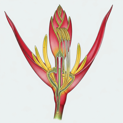 Cross-sectional illustration of a Heliconia (flowers), showing internal parts such as stem, petals, and reproductive organs