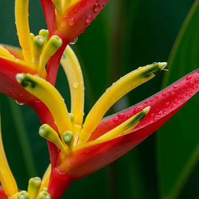 Detailed macro image of a Heliconia (flowers), focusing on the intricate structure of petals, stamens, and pistil