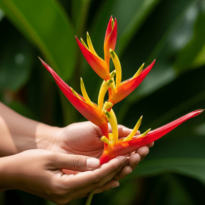 Photograph of a Heliconia (flowers) being held or interacted with by a person in a gentle way