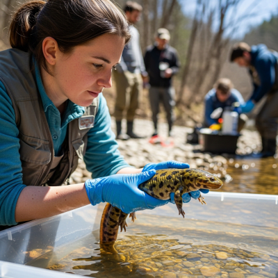 Photograph showing a Hellbender in interaction with humans or within a cultural context, such as being observed by scientists or featured in educational settings