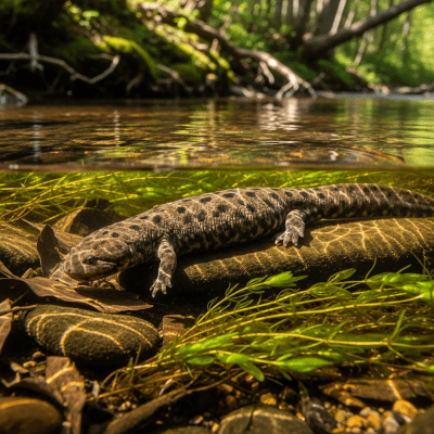 A detailed image of a Hellbender (amphibians) in its natural habitat