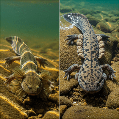 Image of a Hellbender (amphibians) at the moment of transformation, such as metamorphosis from tadpole to adult