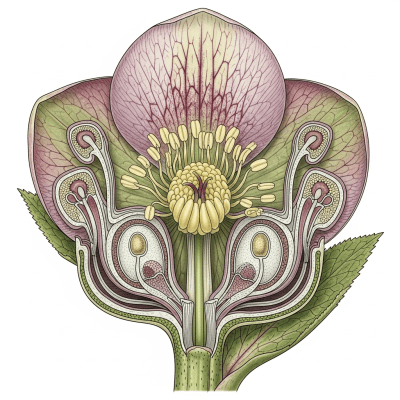 Cross-sectional illustration of a Hellebore (flowers), showing internal parts such as stem, petals, and reproductive organs