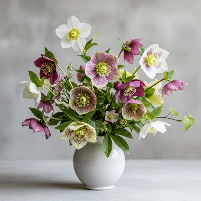 Image of a Hellebore (flowers) arranged in a traditional bouquet or floral arrangement