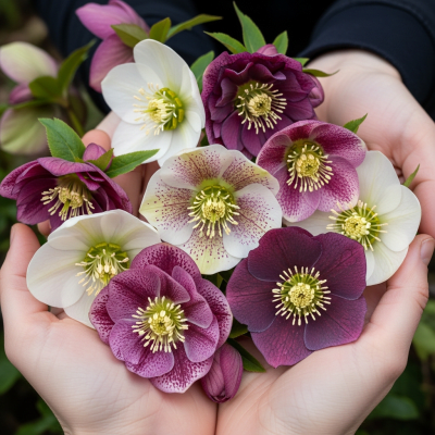 Photograph of a Hellebore (flowers) being held or interacted with by a person in a gentle way