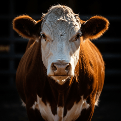 Editorial-style portrait of a Hereford from the taxonomy cows, with dramatic lighting and shallow depth of field to highlight unique features or markings.
