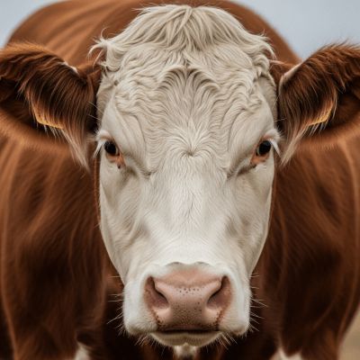 Close-up photograph of the head and face of a Hereford, focusing on distinctive features such as eyes, ears, and fur texture