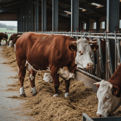 Documentary-style image of a Hereford in a barn or shelter environment, showing typical housing conditions for cows