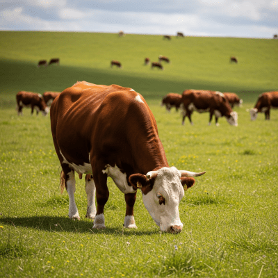 Naturalistic image of a Hereford in its typical environment, such as a grassy pasture or open field