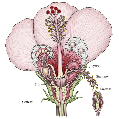Cross-sectional illustration of a Hibiscus (flowers), showing internal parts such as stem, petals, and reproductive organs