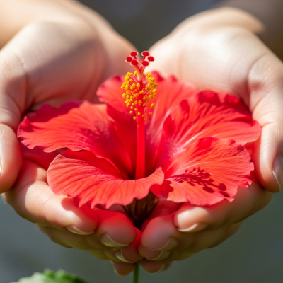 Photograph of a Hibiscus (flowers) being held or interacted with by a person in a gentle way
