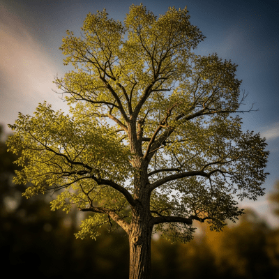 Striking editorial image of a single Hickory (trees), photographed from a low angle to emphasize its grandeur.