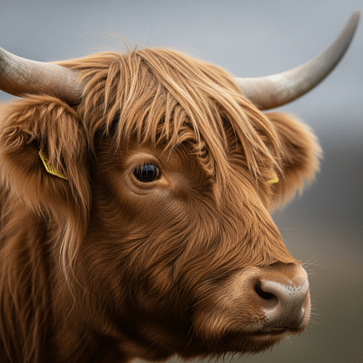 Close-up photograph of the head and face of a Highland (Scottish Highland), focusing on distinctive features such as eyes, ears, and fur texture