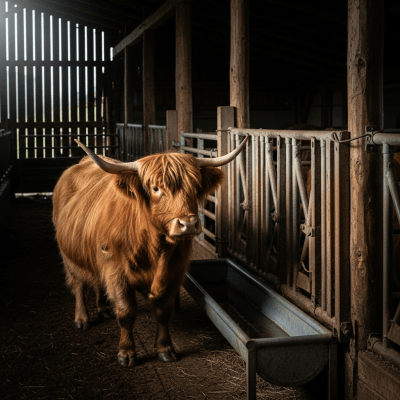 Documentary-style image of a Highland (Scottish Highland) in a barn or shelter environment, showing typical housing conditions for cows