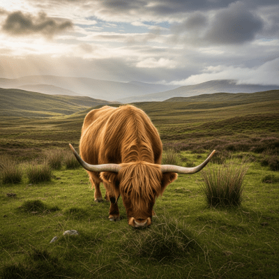 Naturalistic image of a Highland (Scottish Highland) in its typical environment, such as a grassy pasture or open field