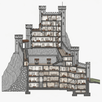 A detailed cross-sectional illustration of a Hill Castle, from the castles taxonomy