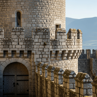 A close-up image focusing on unique architectural details of a Hill Castle, from the castles taxonomy