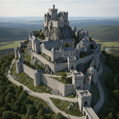 A bird's-eye view rendering of a Hill Castle, classified in the castles taxonomy