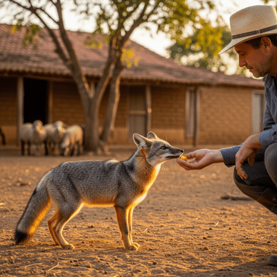 Image of a Hoary Fox interacting with humans in a cultural or practical context