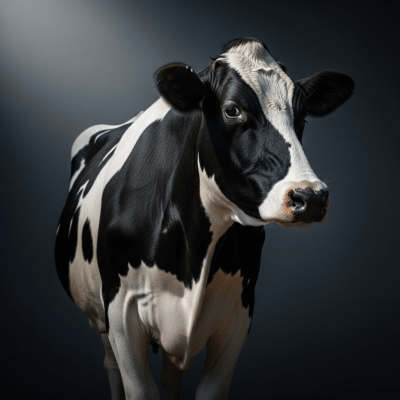 Editorial-style portrait of a Holstein (Holstein-Friesian) from the taxonomy cows, with dramatic lighting and shallow depth of field to highlight unique features or markings.