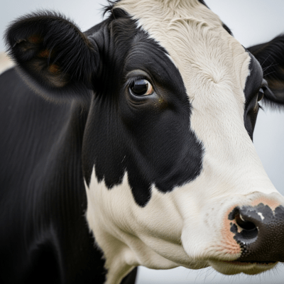 Close-up photograph of the head and face of a Holstein (Holstein-Friesian), focusing on distinctive features such as eyes, ears, and fur texture