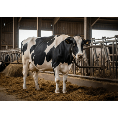 Documentary-style image of a Holstein (Holstein-Friesian) in a barn or shelter environment, showing typical housing conditions for cows