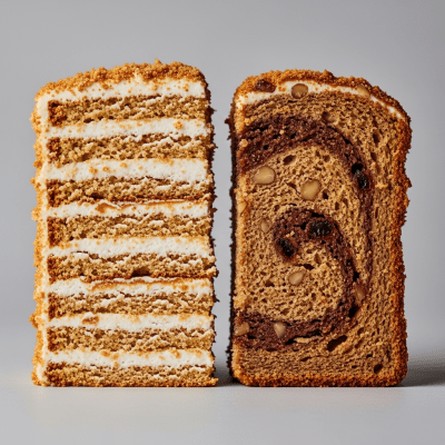 Detailed cross-sectional view of a sliced Honey Cake (cake), showing internal layers, textures, and ingredients