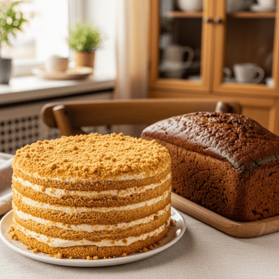 A realistic image of a whole Honey Cake (cake) displayed on a classic dessert table in a home or bakery setting