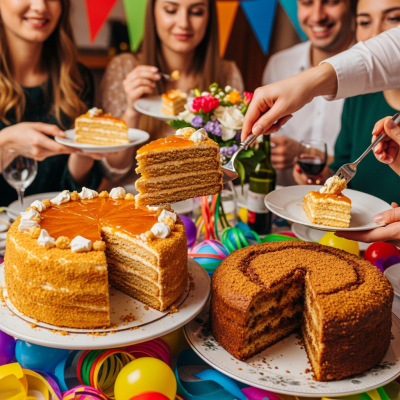 A scene showing the Honey Cake (cake) being served or enjoyed at a festive occasion, such as a birthday party or wedding