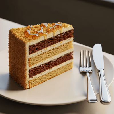 An image of a single slice of Honey Cake, from the cake taxonomy, isolated on a plate with simple cutlery