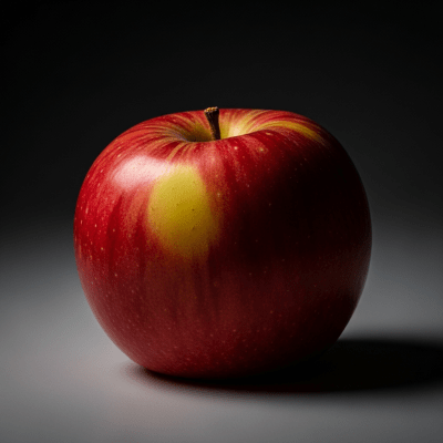 Editorial-style image of a single Honeycrisp from the taxonomy apples, dramatically lit against a dark gradient background to highlight color and texture.