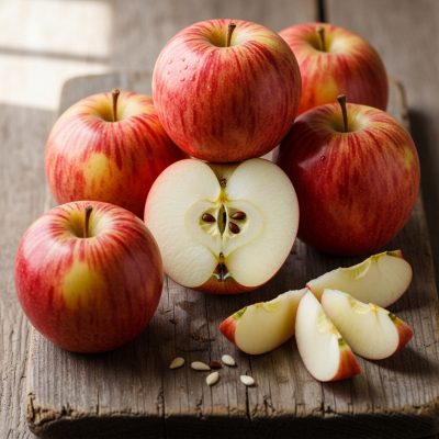 A simple arrangement showing several whole and one cut-open Honeycrisp, displayed on a wooden surface
