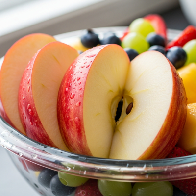 A photograph of a freshly sliced Honeycrisp of the taxonomy apples, presented as part of a fruit salad in a clear bowl